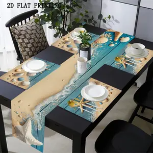 2D flat printing, 1 piece/4 piece/6 piece/8 piece/5 piece set/7 piece set of table flags and placemats, designed with beach shells and starfish, suitable for decoration in gatherings, holiday parties, kitchens, living rooms, and dining rooms