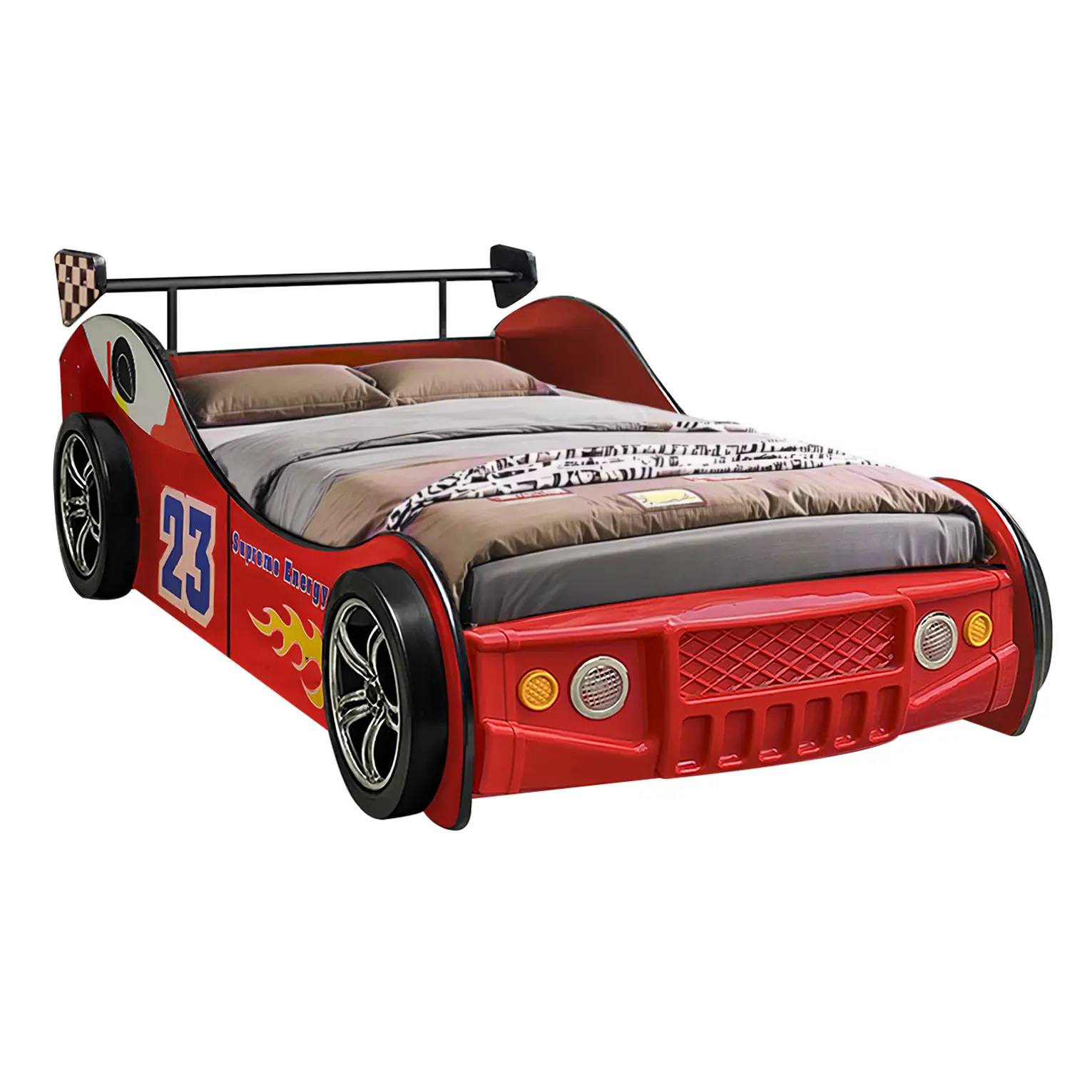 Bellemave Bellemare Supreme Energy racing bed is suitable for red lathes, with wheels and flame patterns, sturdy structure that requires complete assembly, and a reinforced compartment with sports car design - wooden closet