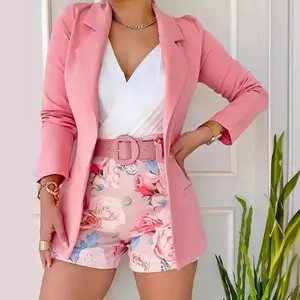 Women's Long Sleeve Blazer & Floral Print Shorts Set With Belt two-piece outfit high waist