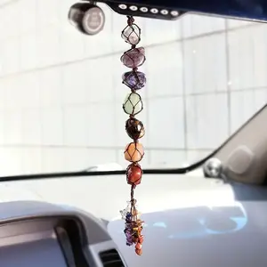 Healing Crystal Car Hanging Ornament, 7 Chakra Stone with Chip Stone Tassel, Energy Balance Meditation Yoga Home Decor
