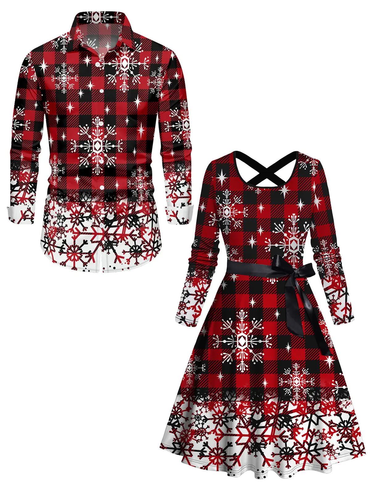 2025 Christmas Couple Outfit Women's Snowflake Plaid Print Belted Long Sleeve Dress And Men's Button Up Long Sleeve Shirt Matching Outfit