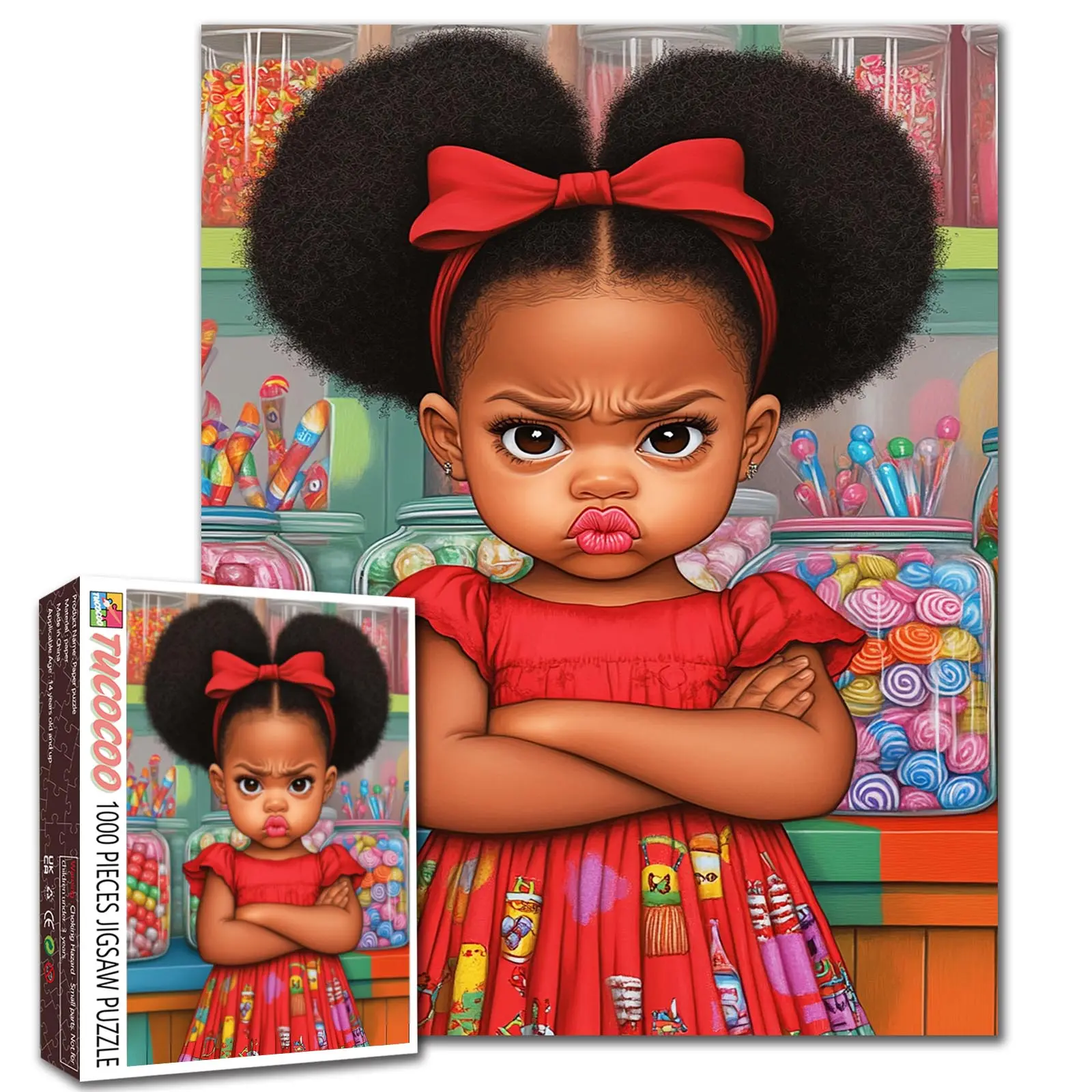Tucocoo 1000-Piece Cardboard Jigsaw Puzzle for Adults - Pouty Afro Girl with Bow, Colorful Sweets Background, Playful Attitude, 1000pc Brain Boost, Relaxing Family Game, Home Decor Gift (27.5x20in/70x50cm), Jigsaw Puzzles