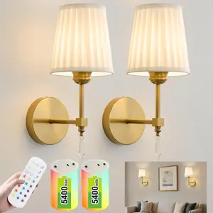 Gold Wireless Wall Sconce Set of 2 – 5400mAh Cordless & Remote Control, RGB & Dimmable Wall Lamp for Bedroom, Living Room