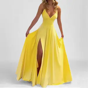 2025 Spring Women's Solid Color Strap Sexy Slim Fit Split Ruffle Hem Dress Casual Womenswear