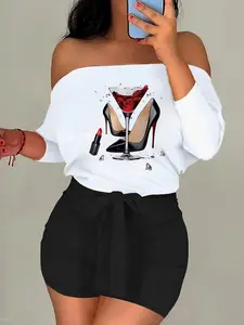 Two-Piece Set Women's Solid Color One Shoulder Long Sleeve Crop Top & High Waist Fitted Skinny Shorts, Casual Fashion Cozy Top & Shorts for Daily Outdoor Wear, Ladies Summer Clothes, Womenswear, Suits, Outfits Set