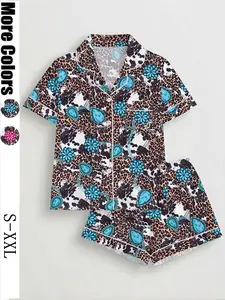 Women's Leopard Print Pajama Set, Short Sleeve Button Front Top & Elastic Shorts, Casual Fitted Sleepwear Loungewear, All Seasons Comfort