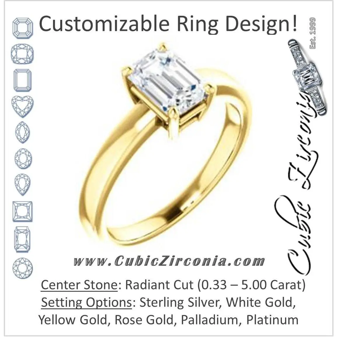 Cubic Zirconia Engagement Ring- The Myaka (Customizable Radiant Cut Solitaire with Medium Band)