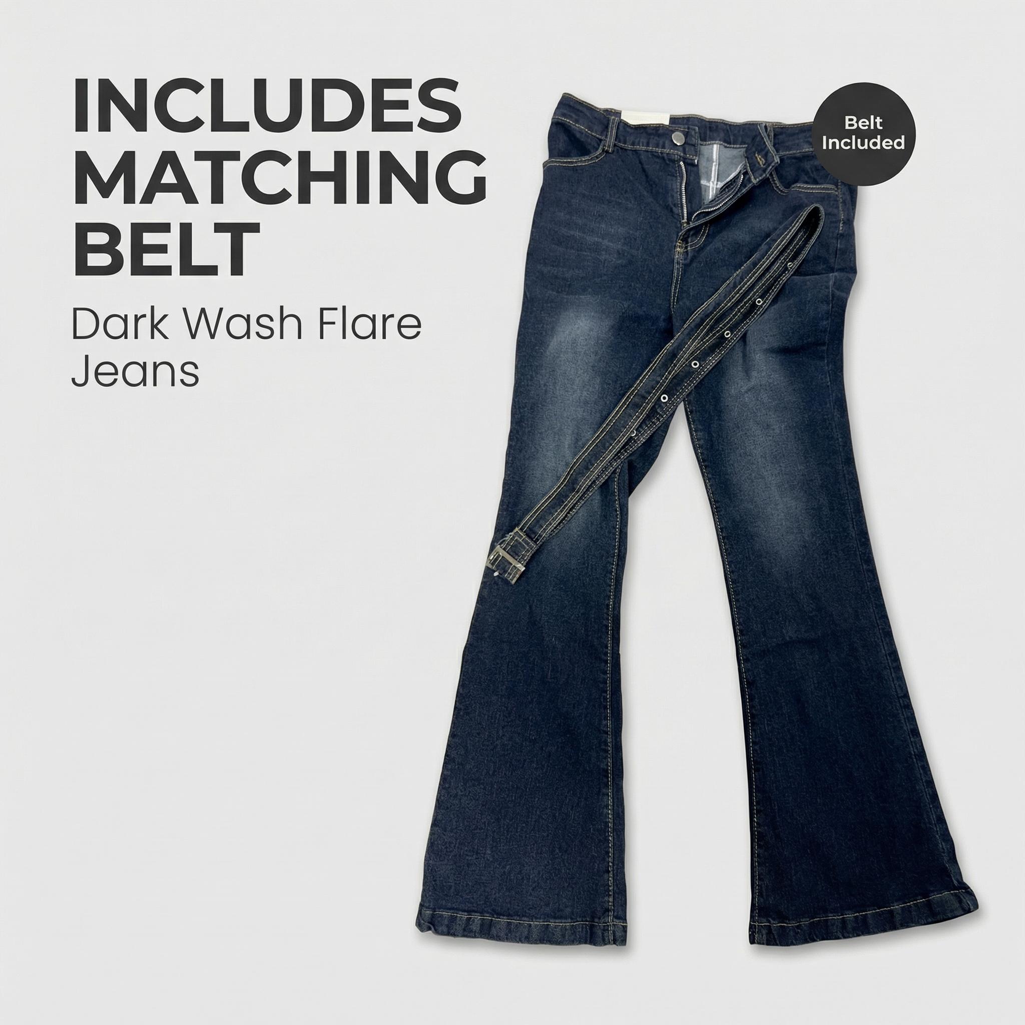 Women’s Flare Jeans Bell Bottoms Stretchy Flattering Dark Wash Denim Pants With Belt Y2K Vintage Grunge Alt Casual Streetwear