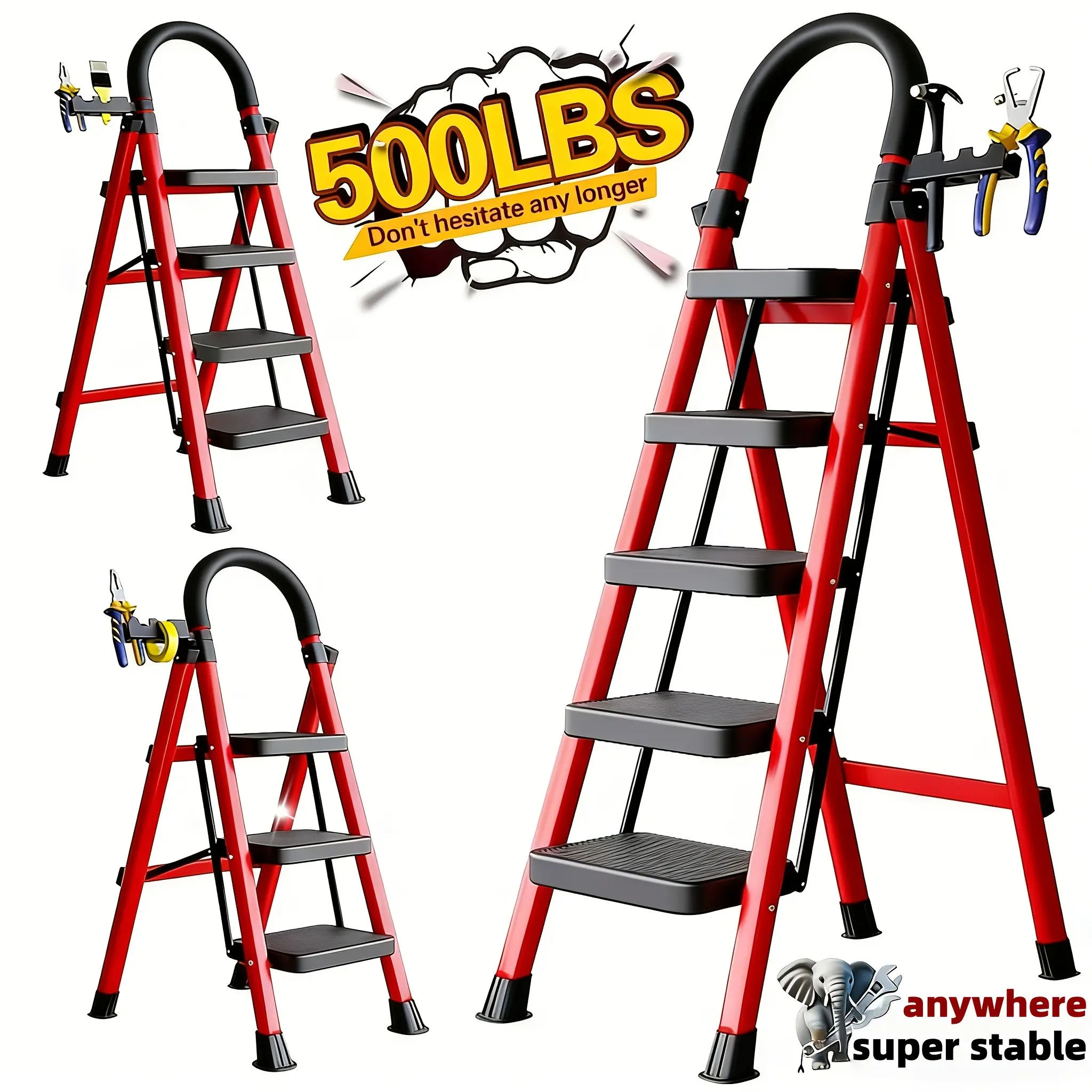 500-pound load-bearing folding ladder|   Heavy-duty steel step stool, featuring non-slip wide steps, handrails, safety lock design, black and red color scheme, portable multi-functional ladder, suitable for home and kitchen use
