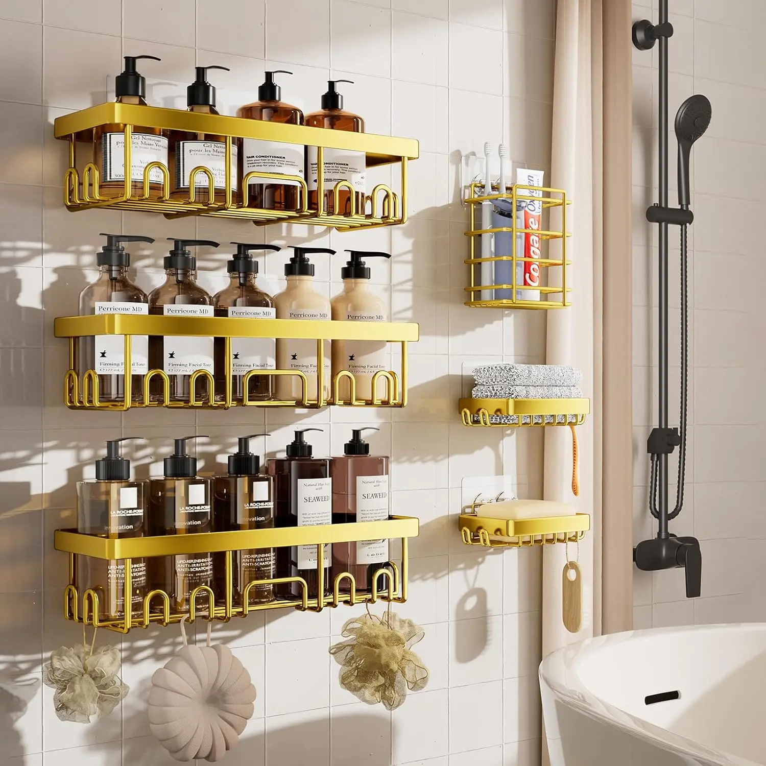 6-Pack Industrial Look Shower Organizer, Premium Rust-Resistant Wall Shelves, No-Drill Adhesive Mount Storage Rack with Soap Dish for Bathroom, Kitchen