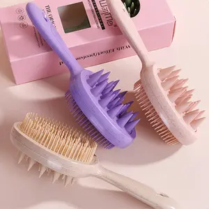 Double-Sided Scalp Massage & Detangling Hair Brush, Wheat Straw Shampoo Brush with Soft Silicone Scalp Scrubber for Wet & Dry Hair, Portable Smoothing Hair Care Tool for Daily Use and Home Styling for Women