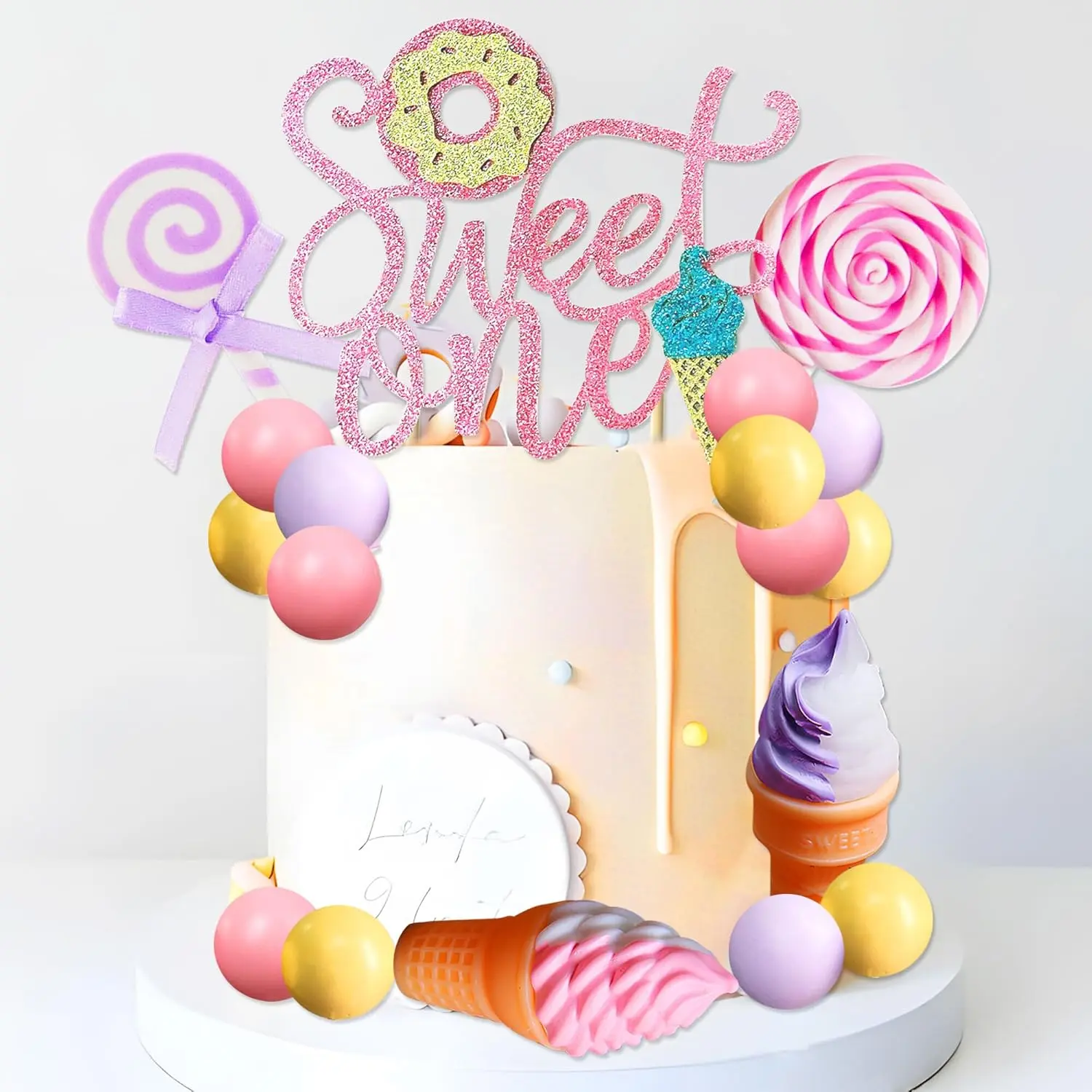 Sweet Lollipop Cake Topper Set, Ice Cream-Donut Themed Decor, Birthday Theme Cake & Cupcake Toppers for 1st Birthday Summer Party Supplies, Sweet Dessert Home Festive Decorations