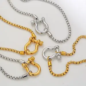 【PANG Jewelry】Trendy Carabiner Necklace Minimalist Dainty Gold Plated Surgical Steel Box Chain Jewelry Unisex for Couples Everyday Layering Gift Idea