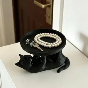 3D Printed Mini Cat Jewelry TrayCross-Border Fun cat Jewelry Tray Desktop Jewelry Storage Tray Ornaments( Black&White)