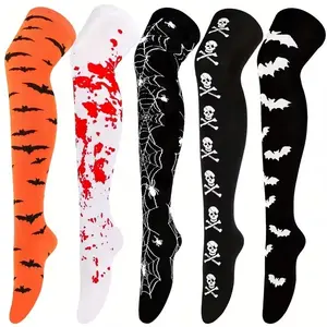 5 Pairs Skull Print Thigh High Socks Women Halloween Cosplay Over the Knee Stockings