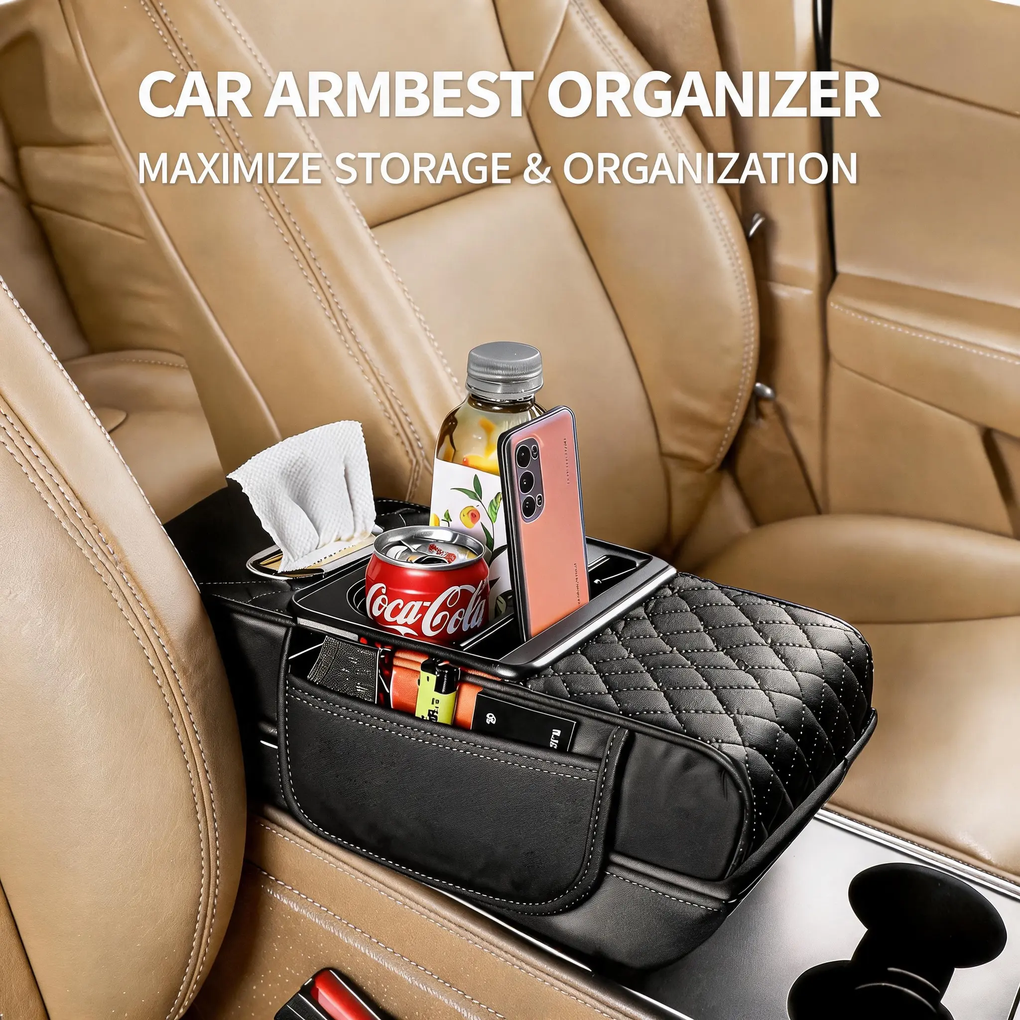 Car Armrest Cushion 5-in-1 for Cup Holder, Car Storage Bag, Tissue CardsBox & Phone Slot & Cards,  Car Console Organizer,  Interior Storage and Organization Accessory Automotive Stowing & Tidying Accessory for SUVs & Sedans