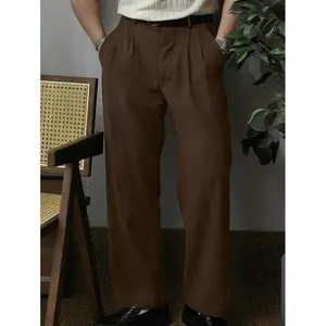 Men's Solid Color Micro-Pleat Straight-Leg Suit Pants Fabric Menswear Polyester Trouser
