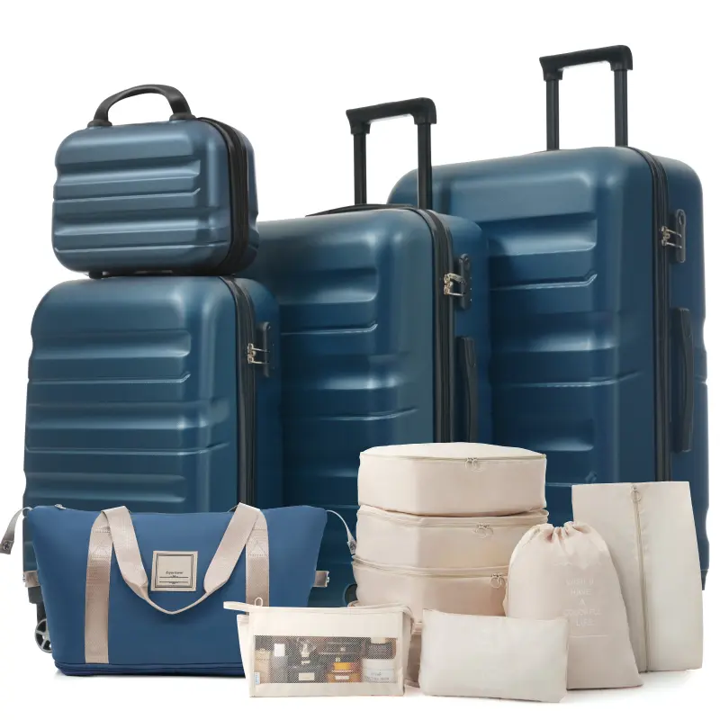 13 piece durable luggage set, equipped with TSA lock and double rotating wheel, hard ABS lightweight waterproof travel set, including boarding and shipping box sizes, suitable for travel and business travel