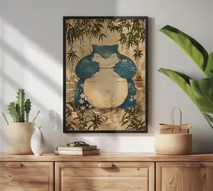 Snorlax Artwork Japanese Tapestry Style Pokemon Inspired Anime Poster - Wall Art for Bedroom and Japanese Home Decor, Snorlax Poster