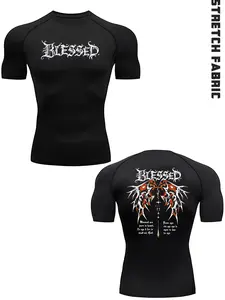 Men's Graphic Compression Workout Shirt - “BLESSED” Goth Angel Wings Tee, Stretch Breathable Quick Dry Athletic Fitted for Gym & Casual Streetwear, Trending Fitness Motivational Top
