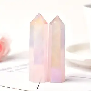 Angel Aura Rose Quartz Stone Crystal Tower Rainbow Crystal Gemstone Single Point Wand Crystal Obelisk Mineral Specimen Home Desk Meditation Decoration Valentine's Day Gift