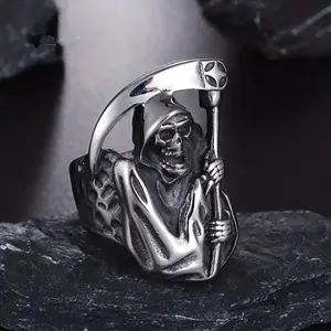 Mighty Death Reaper Scythe Skull Stainless Steel Men's Ring European and American Exaggerated Jewelry Suitable for Nightclub Finger Accessories