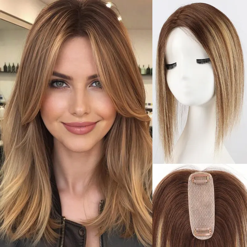 Real Human Hair Topper with Bangs for Thinning Hair, Glueless Swiss Base Amazon.com : Swiss Base Real Human Hair Topper for Women  main image 3