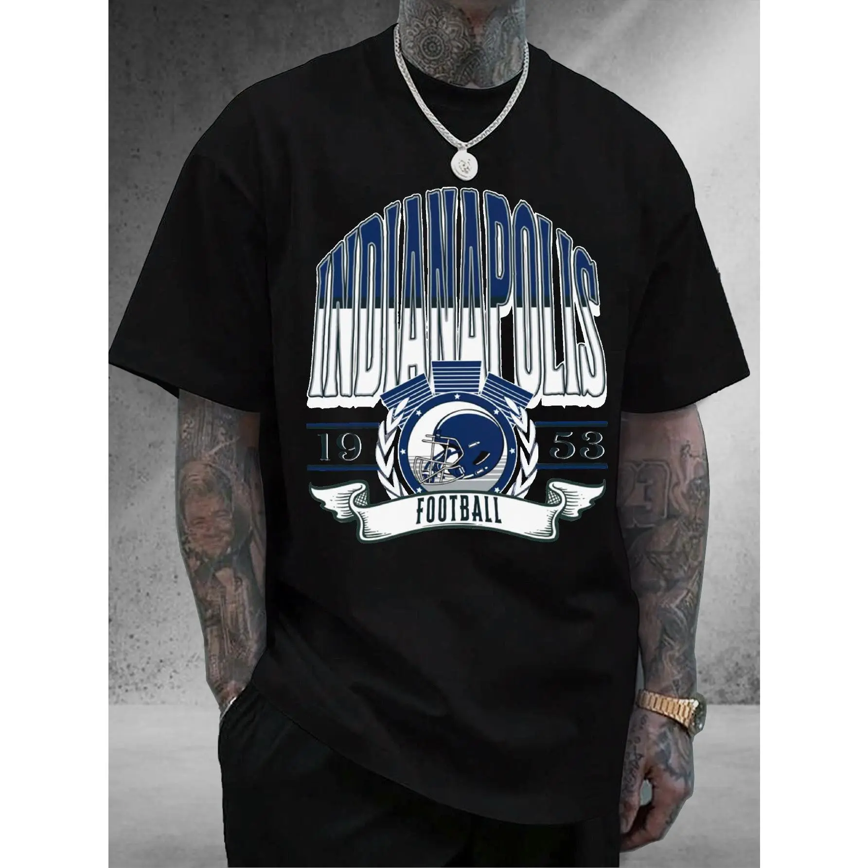 Mens Indianapolis Football Team Vintage 1953 Graphic T-Shirt | 100% Heavyweight, Logo & Horseshoe Design, Comfortable Casual Wear, Ideal for Game Day & Everyday, Digital Print, Short Sleeve, Crew Neck, Machine Washable, Perfect for Autumn and Casual