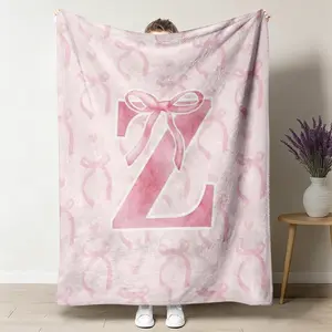 1pc Pink Letter A - Z Bow Blanket, Cute Watercolor Flannel Blanket, Soft and Comfortable Blanket, Bowknot Design Blanket, Suitable for Sofa Bed Decoration, Gift, Birthday Present