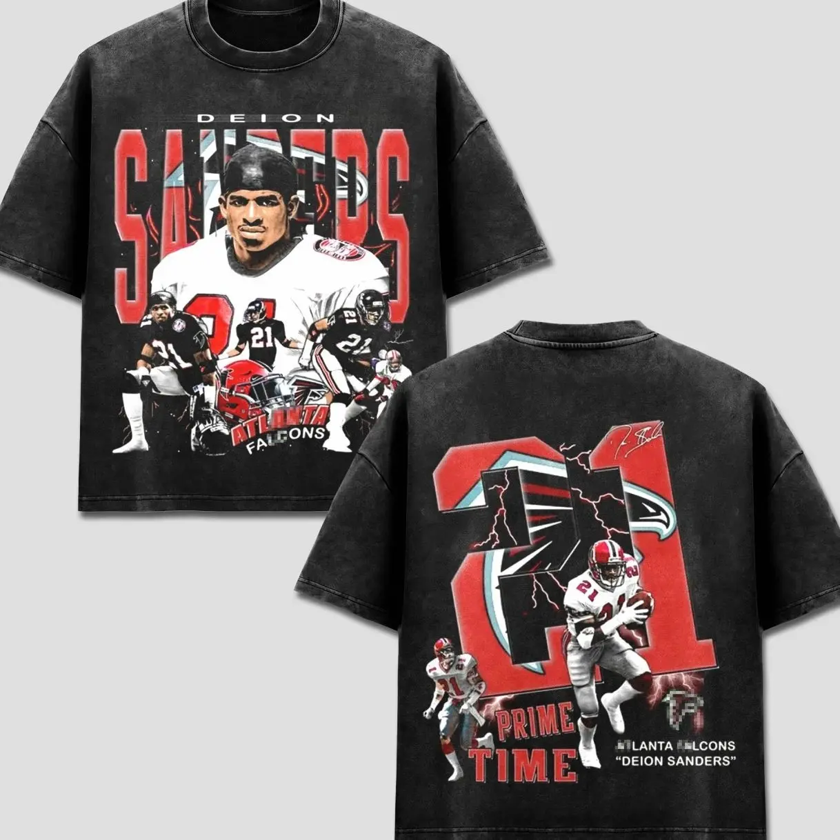 Deion Sanders 21 T-Shirt, Atlanta Team Football Tee, ATL Dirty Birds Merch, Prime Time Falcon Helmet Graphic Apparel, Retro 90s Bootleg Sports Wear, American Football Fan Heritage Gift, Men Women Heavyweight Oversized Black Acid Wash Clothing LJK