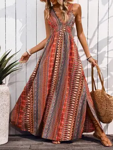 Women's All Over Print Boho Ruched Cut Dress, Elegant Casual Sleeveless Dress for Summer, Women's Clothing for Beach Holiday Vacation