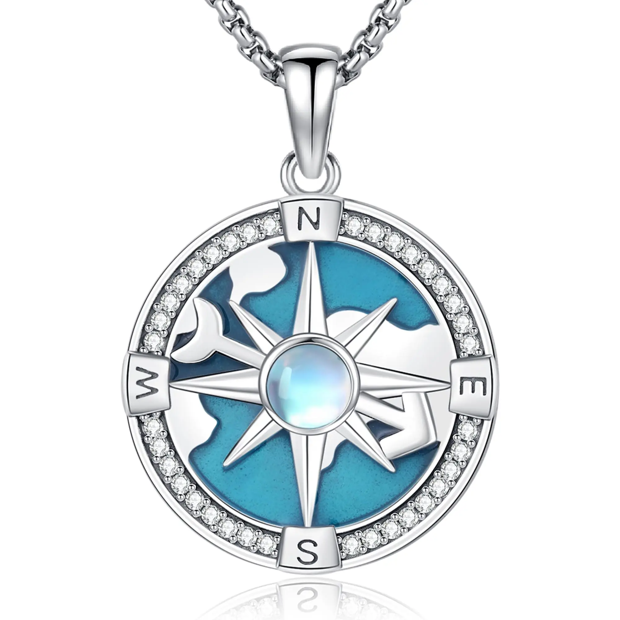 DRINSPER 925 Sterling Silver Compass Pendant Necklace, Personalized Sentimental Charm Necklace with Artificial Moonstone, Graduation Gift for Graduates, Personalized Pendant Necklace