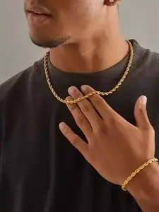 Modern Men‘s Gold Twisted Rope Chain Set, Thick Braided Necklace & Matching Bracelet, Statement Jewelry for Daily Layering and Gifting