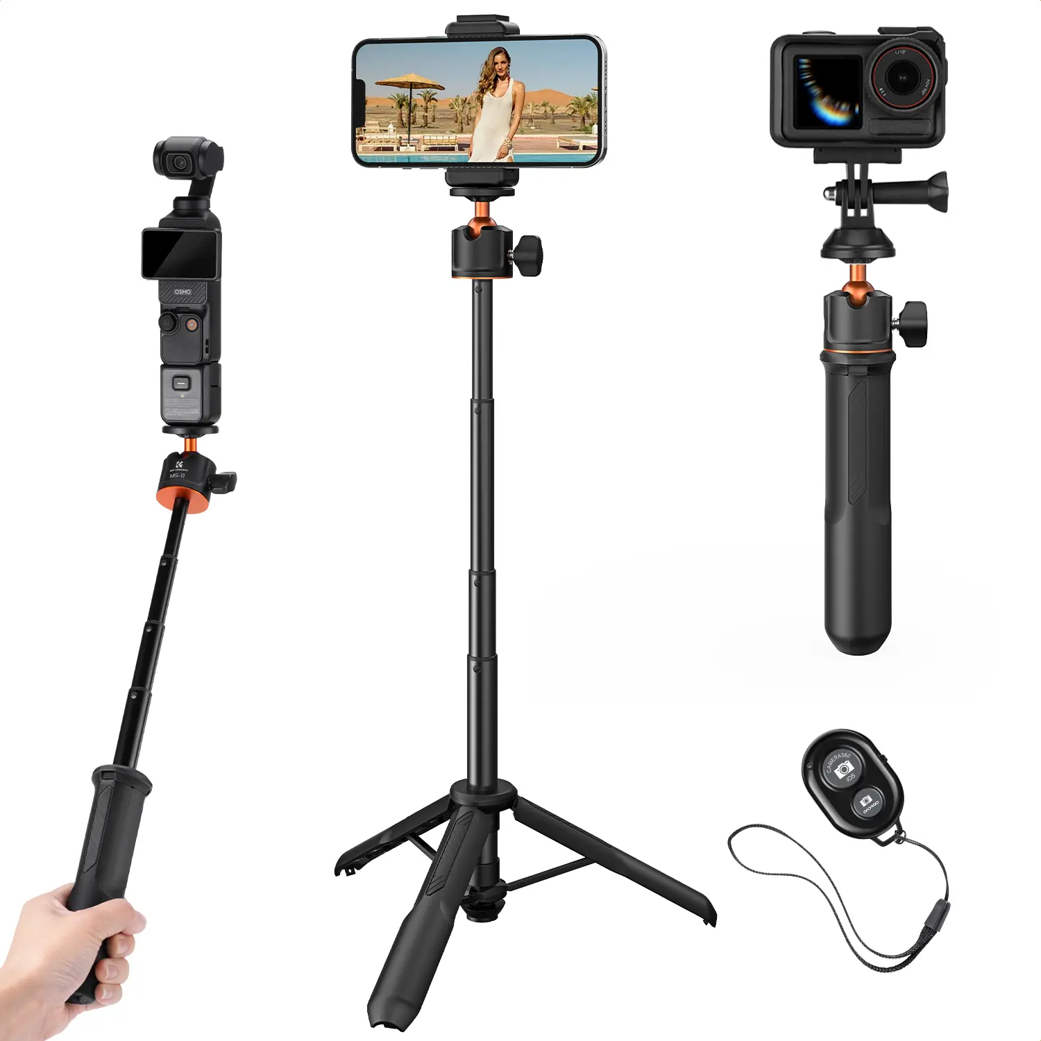 K&F CONCEPT All-in-1 Extendable Selfie Stick Tripod - Compact Camera Accessories for Cellphone, GoPro, DJI & Xtra Muse, 60cm/24" Foldable Handle with Ball Head for Vlogging, Travel (GoPro Hero 13-7/Max, DJI Osmo Action 5-3/Pocket 3, Mobile Accessories)