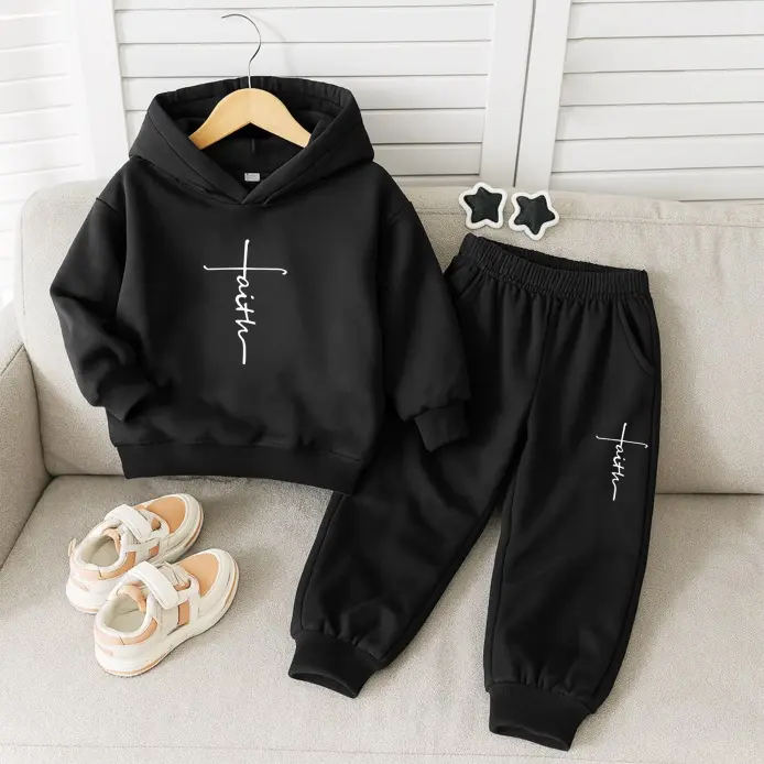 Kids' Unisex 2-Piece Faith Print Fleece-Lined Tracksuit Set - Sweatshirt, Joggers, Tracksuit Uniform, 9-10y(140) Matching Outfits Girl x Boy, Fall-Winter Athletic Wear for Indoor & Outdoor Casual Use, Fleece Boys' Sets, Athleisure Boys' Sets
