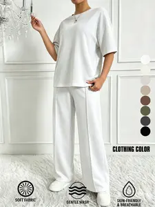 Women's Solid Color Casual Basic Minimalist Two-Piece Set, Comfortable Loose Fit Sporty High Stretch Co-ord Set for Spring and Summer, Perfect for Daily Wear and Sports