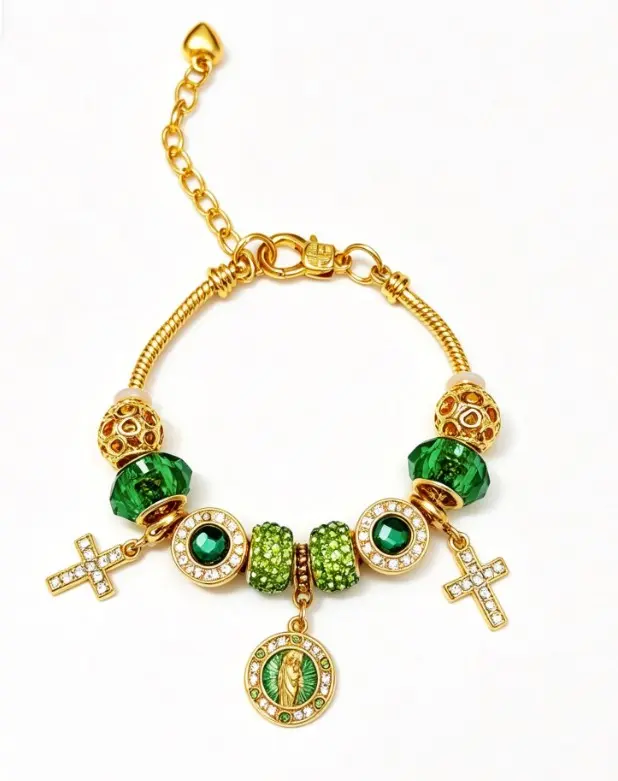 Tone Gold Snake Chain Charm Bracelet Emerald Green Crystal Rhinestone Cross Religious Medal Bracelet Women Prayer Jewelry Gift
