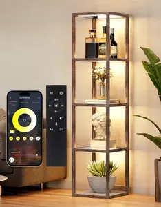 Floor Lamp Glass Display Shelf with Remote/APP Control, Dimmable LED Floor Lamp with Shelves, Open Display Cabinet, Color Temp Control (2700K-6000K), Oak Gray