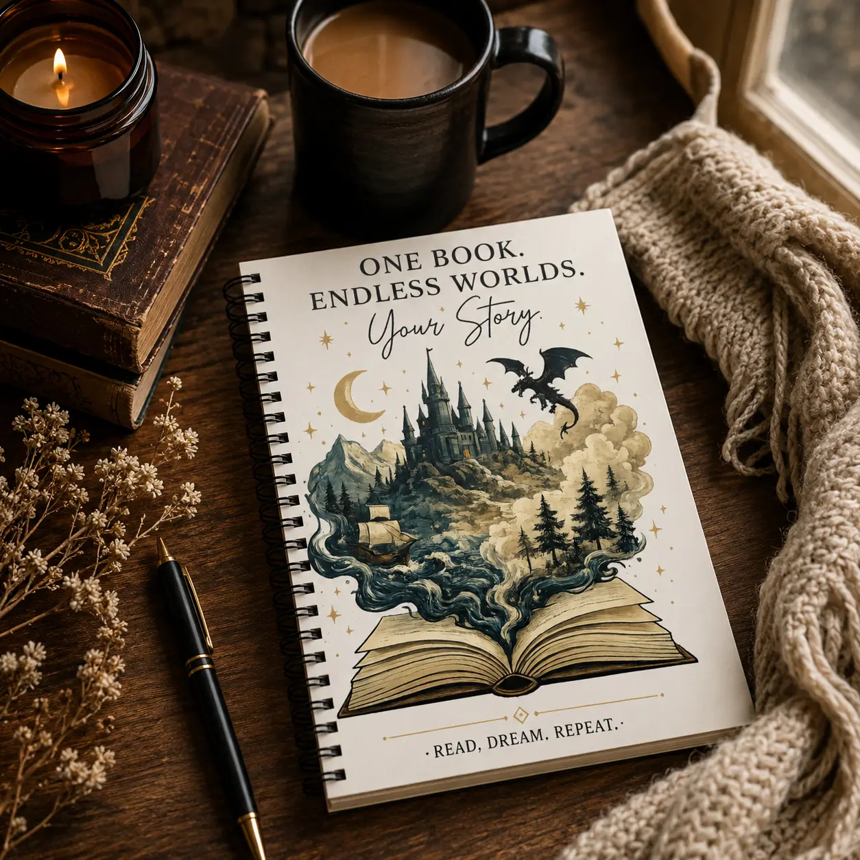 Original Fantasy Book Lover Spiral Notebook | Cute Reading Journal | One Book Endless Worlds | Reader Gift | Bookish Stationery