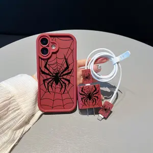 Spider Web Pattern Phone Case with Charger Saver & Cable Protector & Storage Rope, Anti-drop, Shockproof Mobile Phone Cover for iPhone, Mobile Phone Accessories