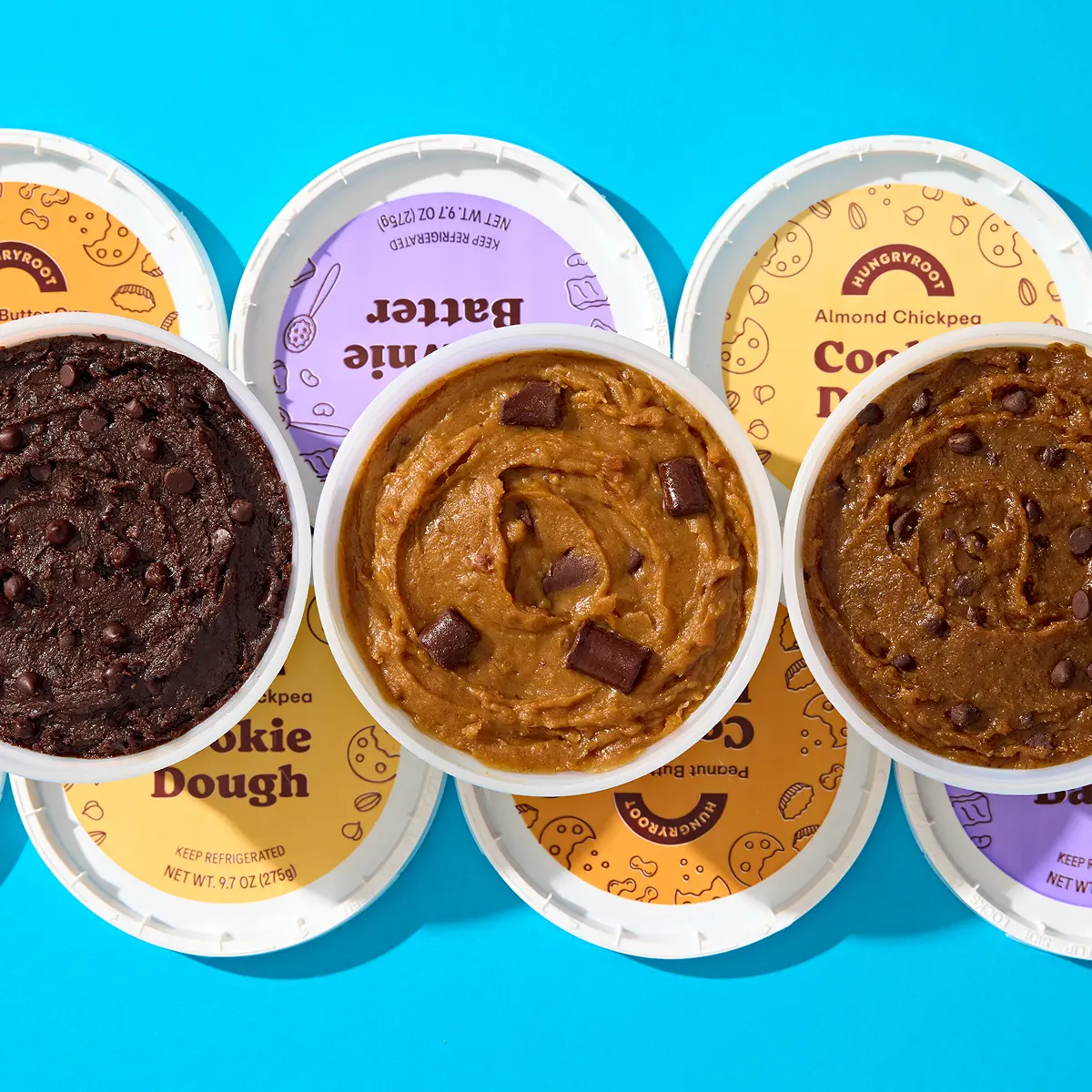 Hungryroot Better-for-You Vegan Cookie Dough Variety 4-Pack Protein Snacks - 3g Protein, Low No Added Sugar, Dairy-Free, No Tree Nuts, No Peanuts | 4 Tubs: Almond Chocolate Chip, Peanut Butter Cup, Brownie Batter