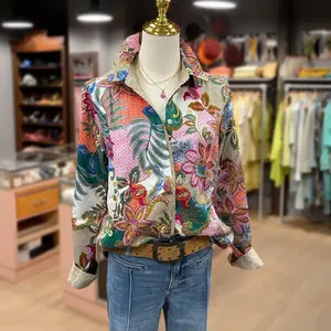 Cherrybetty Women's Vintage Multi Floral Print Collared Long Sleeve Blouse Going Outfits Blouses 90s Tops Funny Shirts Women Elegant Classy Tops Blouse Classyoutfit Women cute summer outfit cute women's plus size tops summer outfit for Teachers and Moms O