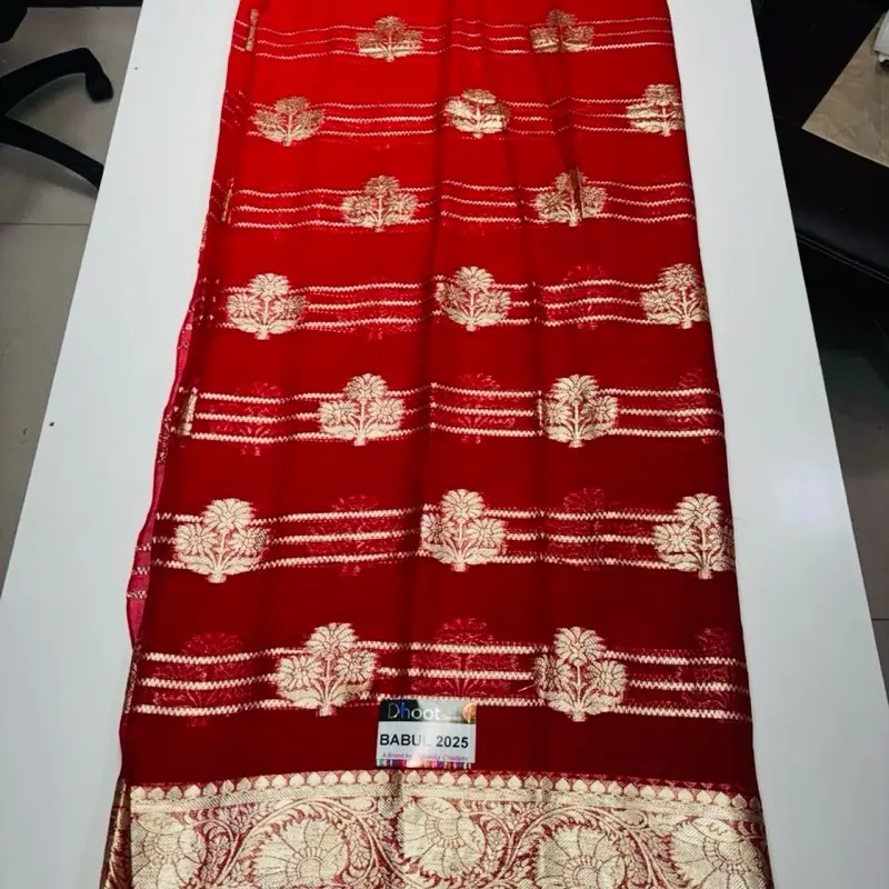 Bablu Red Georgette Viscose Teej Sari Jari Work with Fall Pico Done Traditional Fabric