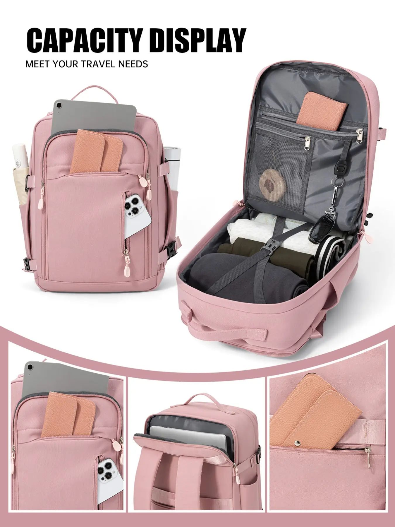 Women's Backpacks, Multifunctional Travel Backpack, Backpack For Travel, Wizz Air Approved 40x30x20cm, Multi-Functional Underseat Carry-On Bag with Separate Shoe Compartment and 180-Degree Opening Main Compartment, Suitable for Business Travel