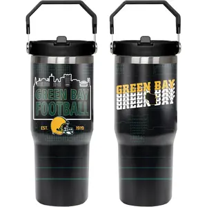30 oz Insulated Stainless Steel Green Bay Tumbler - Portable Vacuum Flask, Travel Coffee Mug with Lid, Straw and Handle - Green Bay Gifts for Men, Flasks