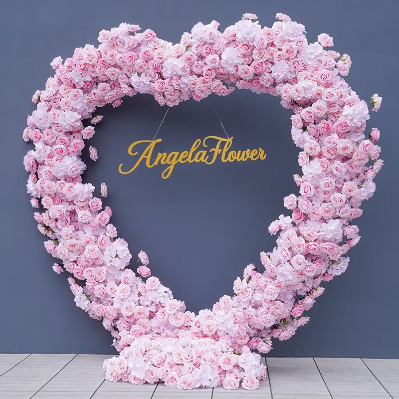 A8054 Pink Rose Hydrangea Cloth Base Arrangement Floral Wedding Backdrop Heart-Shaped Floral