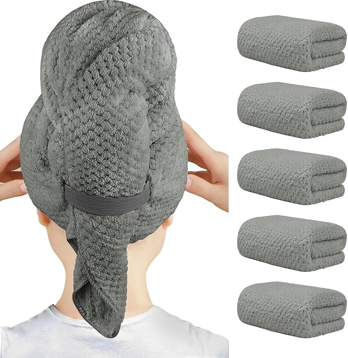 Women's 5pcs Microfiber Hair Towel Wrap Pack - Lightweight, Super Soft, Fast Drying Turban for Long Hair - 40x20in Anti-Frizz Wrap with Elastic Strap, Button Closure