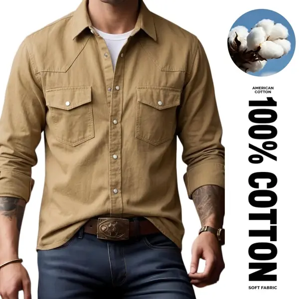 Men's 100% Pure Cotton Plain Collared Neck Full Cuff Sleeve Workwear Shirt - Pearl Snaps, 2 Chest Pockets, Regular Fit, All Seasons Fashion Button Down (Beige)