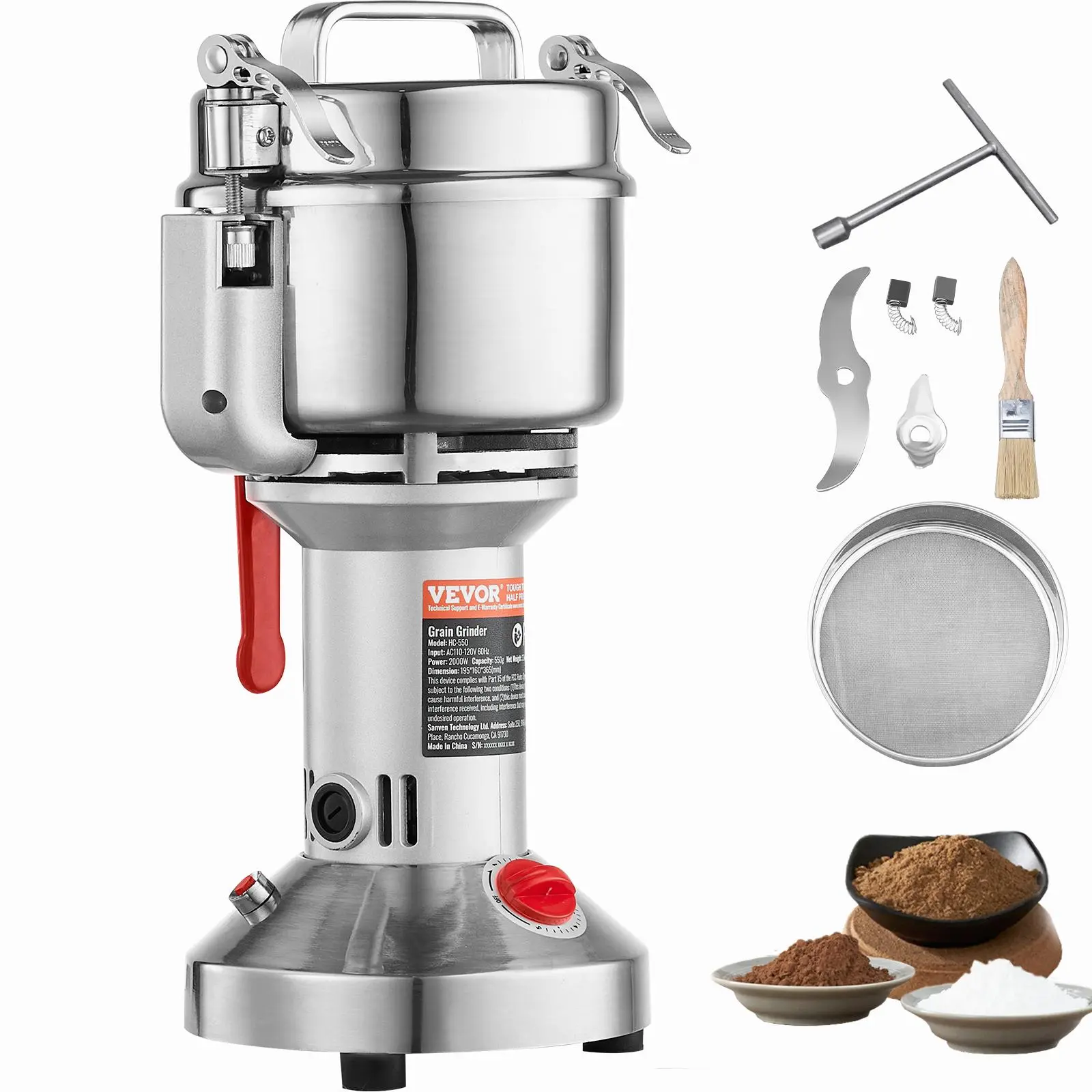 【Summerfinds】VEVOR 550g Electric Grain Mill Grinder,  , High Speed 2000W Commercial Spice Grinders, Stainless Steel Pulverizer Powder Machine, for Dry Grains Spices Cereals Coffee Corn Pepper, Straight Type