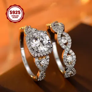 925 sterling silver ladies' ring set, double ring design, round and princess zirconia, halo setting, women's wedding band, suitable for Valentine's Day gifting, wedding.